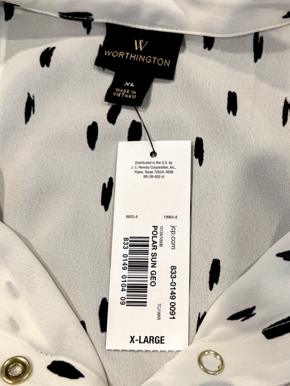 Worthington Cream and Black Spot Tie Neck Long Sleeve Button Up Blouse Womens XL - Picture 10 of 13